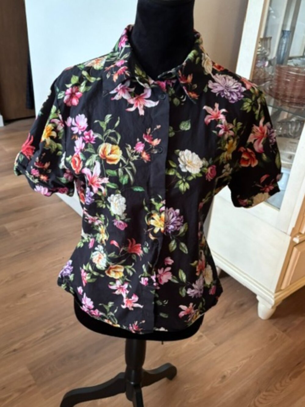 Zara Black Floral Short Sleeve Tie Back Top Blouse Med